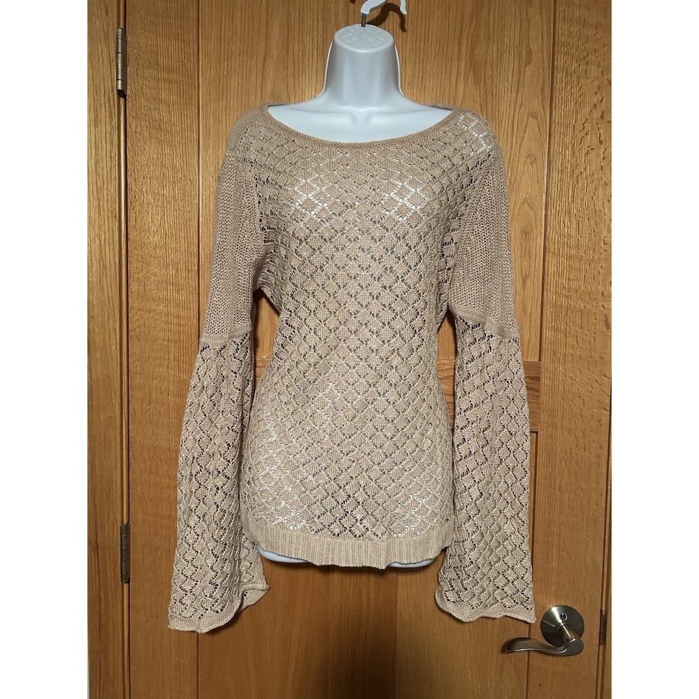 Sundance Boho Linen Bell Sleeve Tan Open Knit Crochet Sweater Size Medium